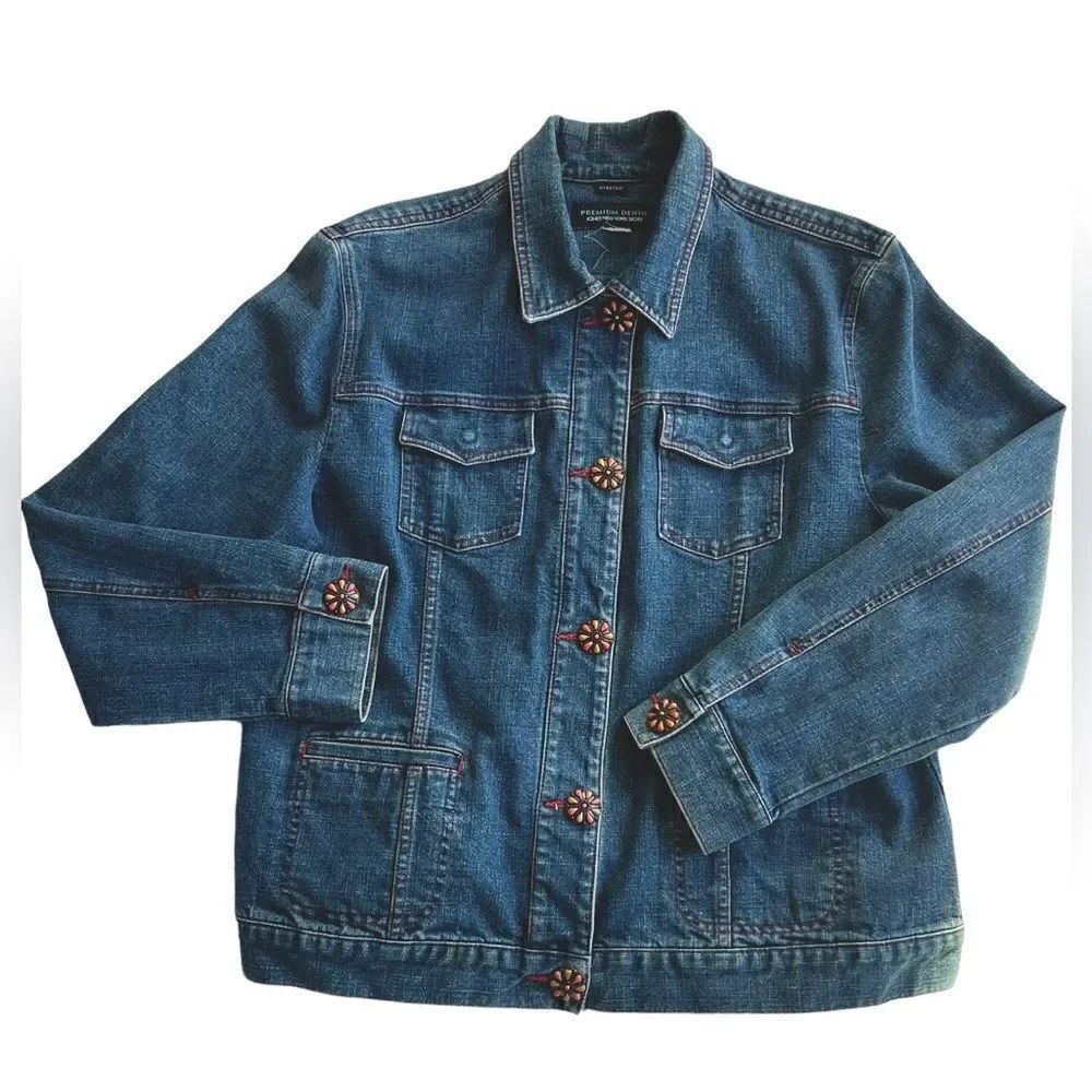 Jones NY Flower Embellish Vintage Inspired Boho Western Classic Jean Jacket XL